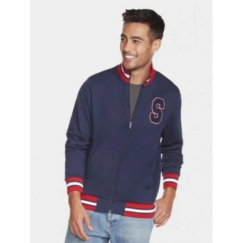 Skechers Mens Collegiate Varsity Bomber Jacket Navy Blue Full Zip Patch M4JA69 M